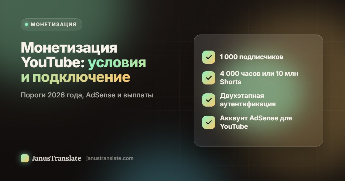 Монетизация YouTube в 2026: условия и подключение